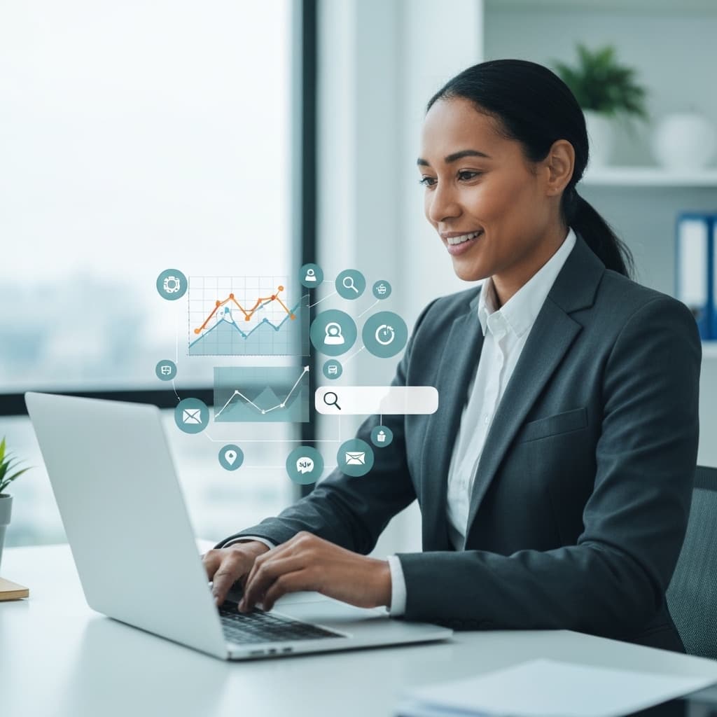 Une dirigeante de PME analyse des données de marketing digital PME sur un ordinateur portable.