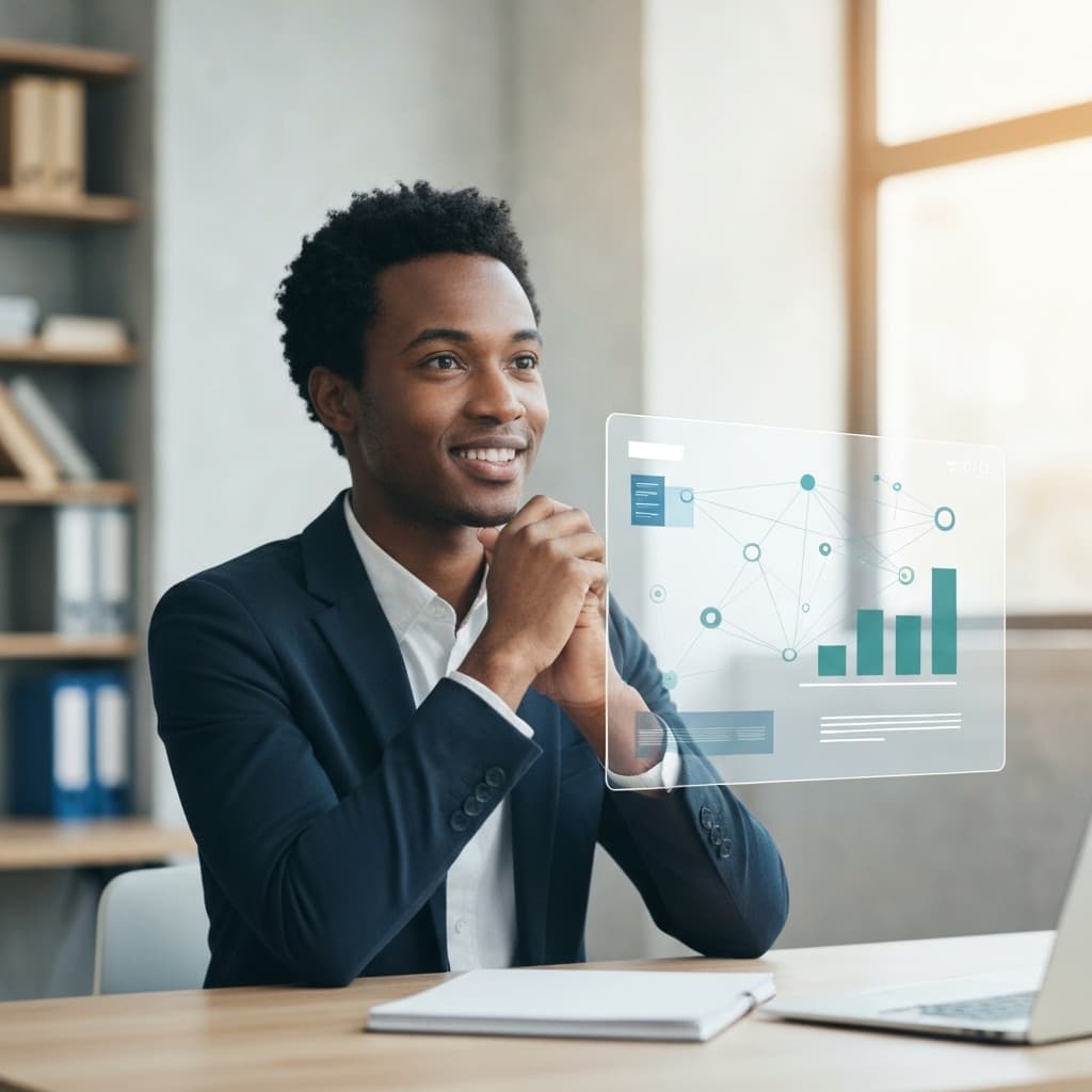 Entrepreneur examinant une interface numérique représentant la stratégie de marketing digital PME et sa croissance.