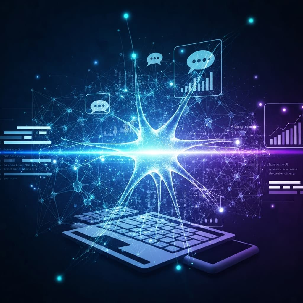 Dynamic visual of AI neural networks and data enhancing SME digital marketing strategies for future growth.