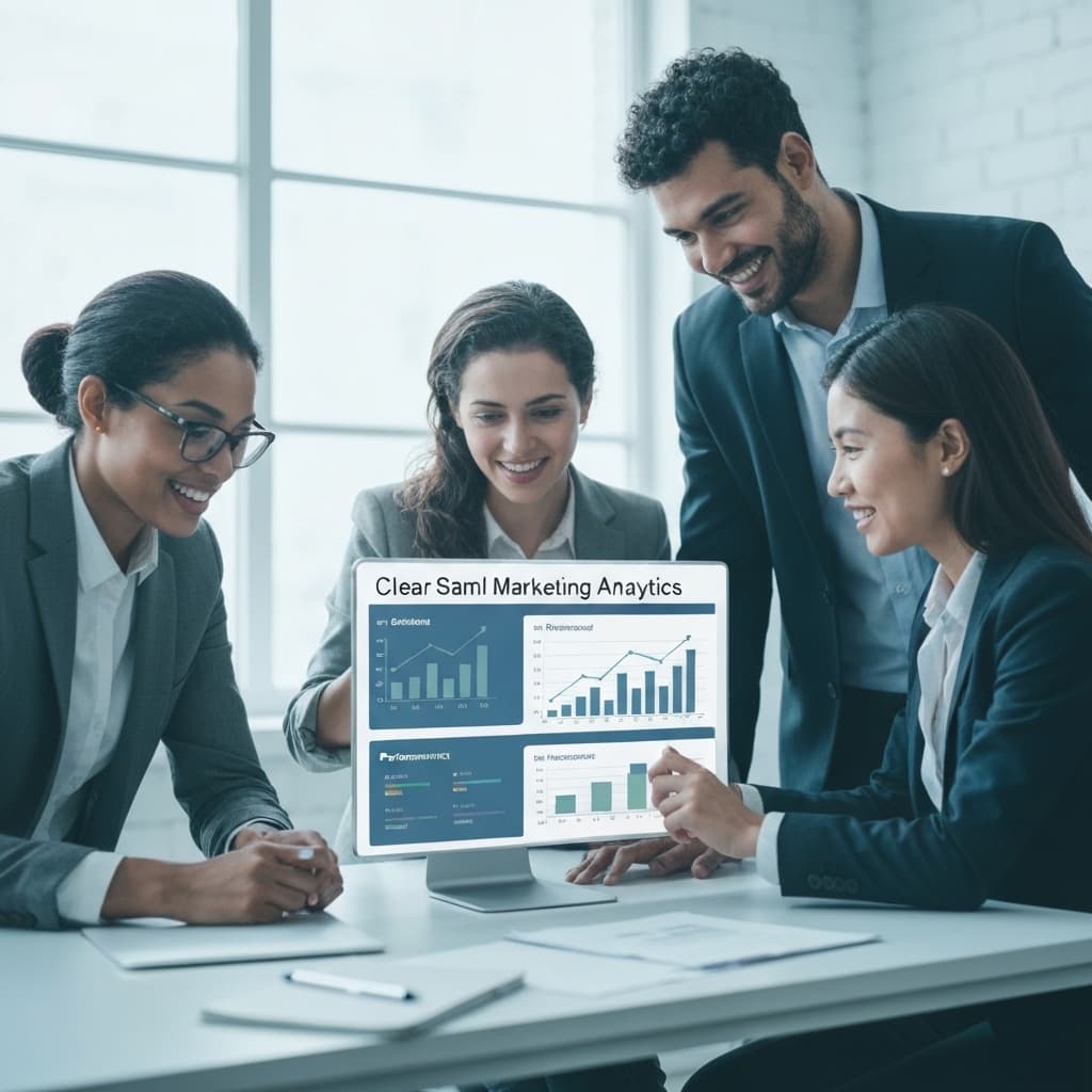 Diverse small business team analyzing digital marketing analytics on a screen, crucial for effective marketing digital PME st